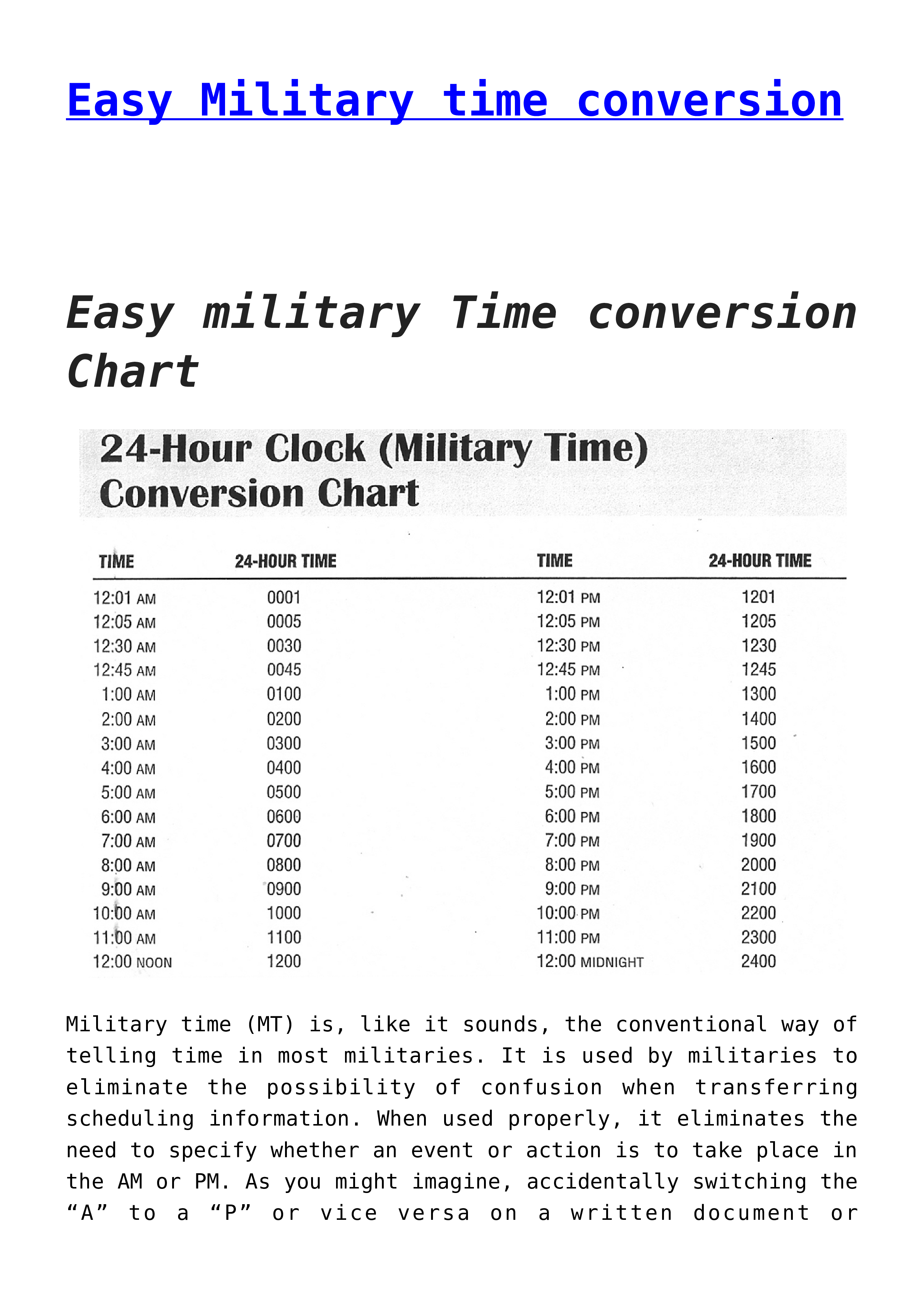 printable military time conversion chart